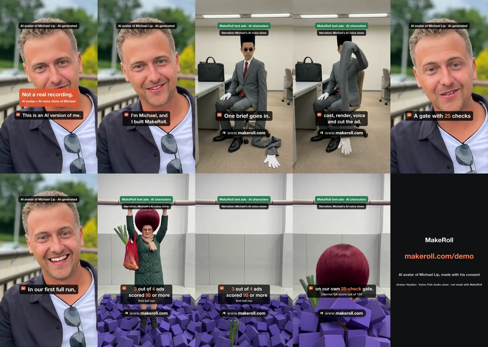 Ten frames of the final cut, from the AI disclosure card to the end card, each with its AI label