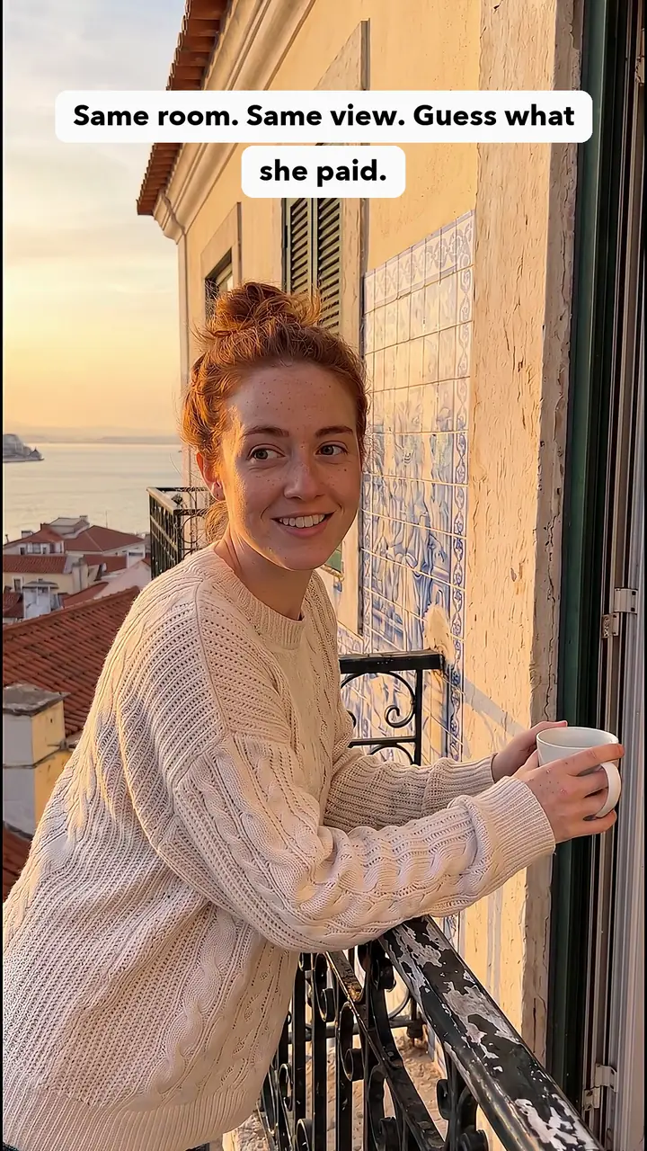 Clara, an AI-generated character, holding a coffee cup on a Lisbon balcony. Frame from the Balcony ad.