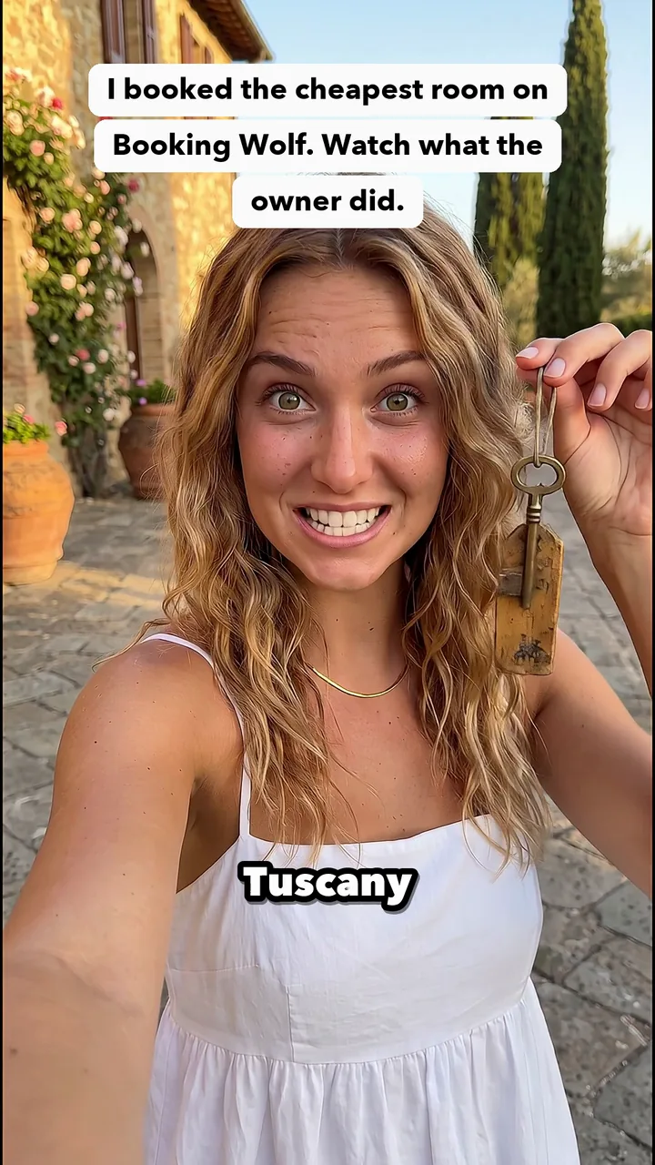 Sofia, an AI-generated character, holding up a room key at a Tuscan farmhouse. Frame from The Upgrade ad.