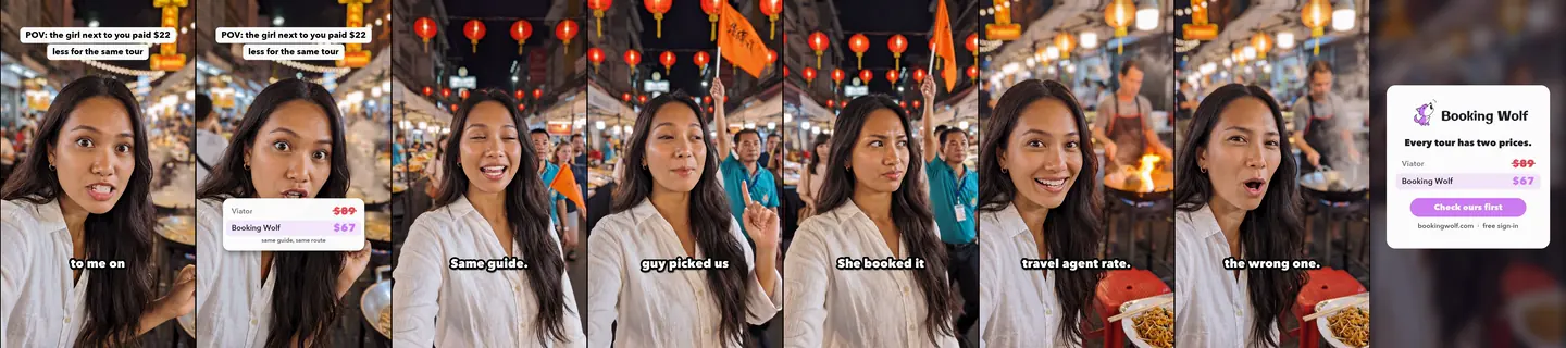 Eight evenly spaced frames from Same Guy, ending on the Booking Wolf end card. AI-generated fictional people.