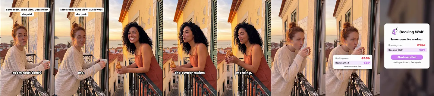 Eight evenly spaced frames from Balcony, ending on the Booking Wolf end card. AI-generated fictional people.