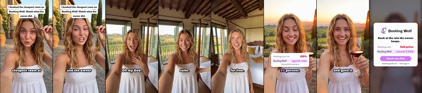 Eight evenly spaced frames from The Upgrade, ending on the Booking Wolf end card. AI-generated fictional people.