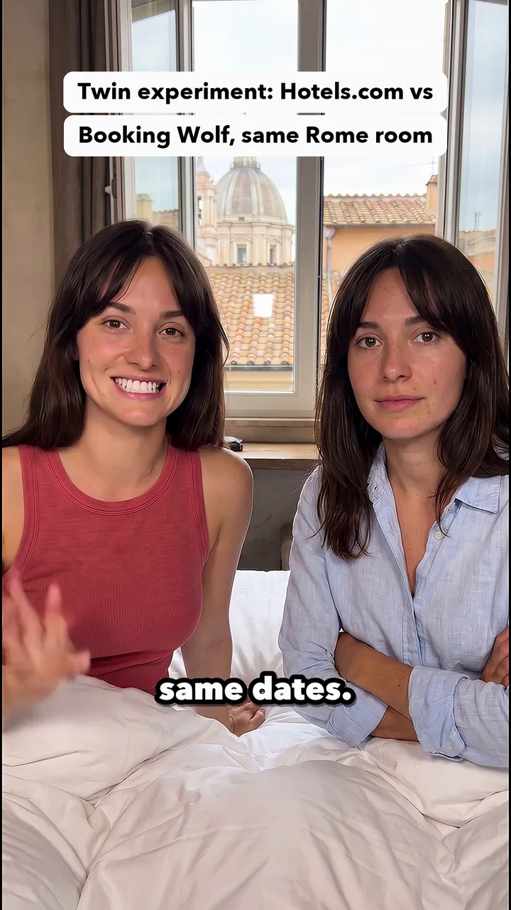 Identical twins, AI-generated characters, sitting on one hotel bed in Rome. Frame from the Twin Experiment ad.