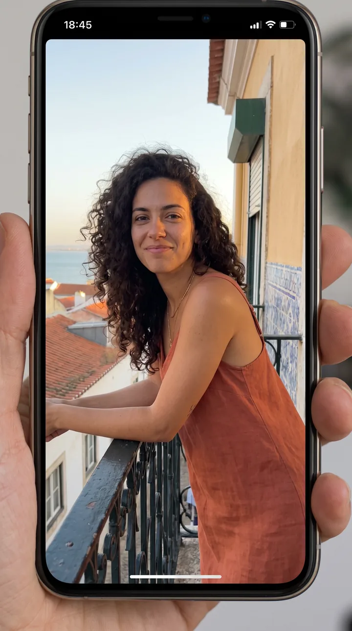 Rejected AI-generated still for Balcony. Rendered as a photo of a phone: device frame, a hand holding it, and a status bar reading 18:45.