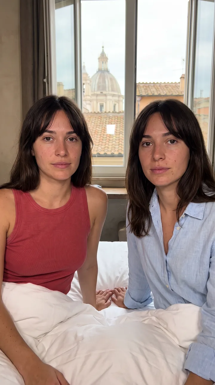 unnamed identical twins (the twin in red, the twin in blue), AI-generated character master portrait