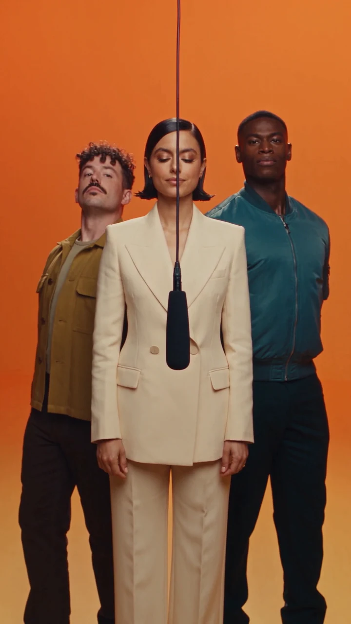 Payoff: Mara centre, Elliot and Kai in backing poses, a frame from The Perfect Take. AI-generated.