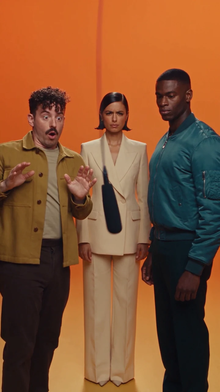 Trio reacts to the swinging microphone, a frame from The Perfect Take. AI-generated.