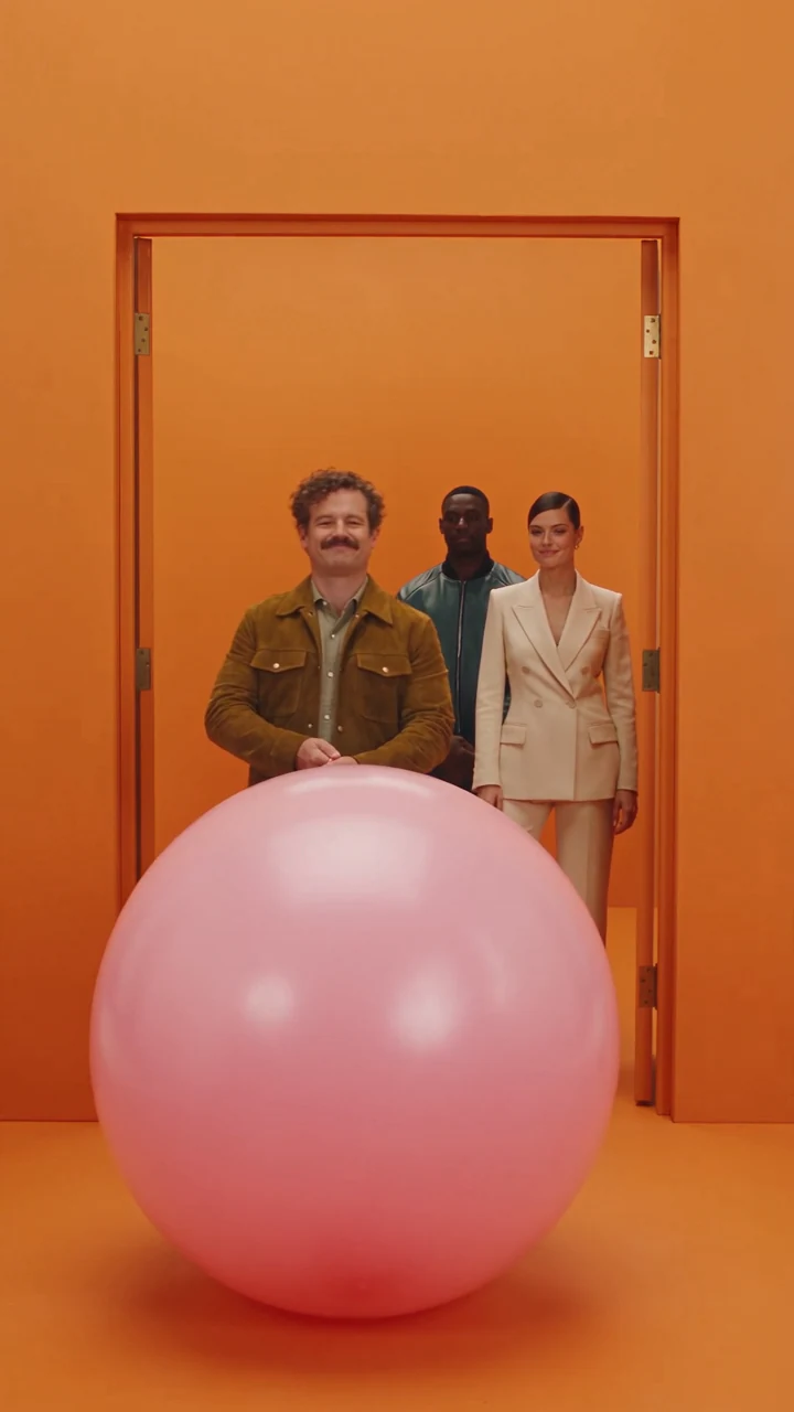 Elliot grins behind the rounded inflatable, a frame from Think Bigger. AI-generated.