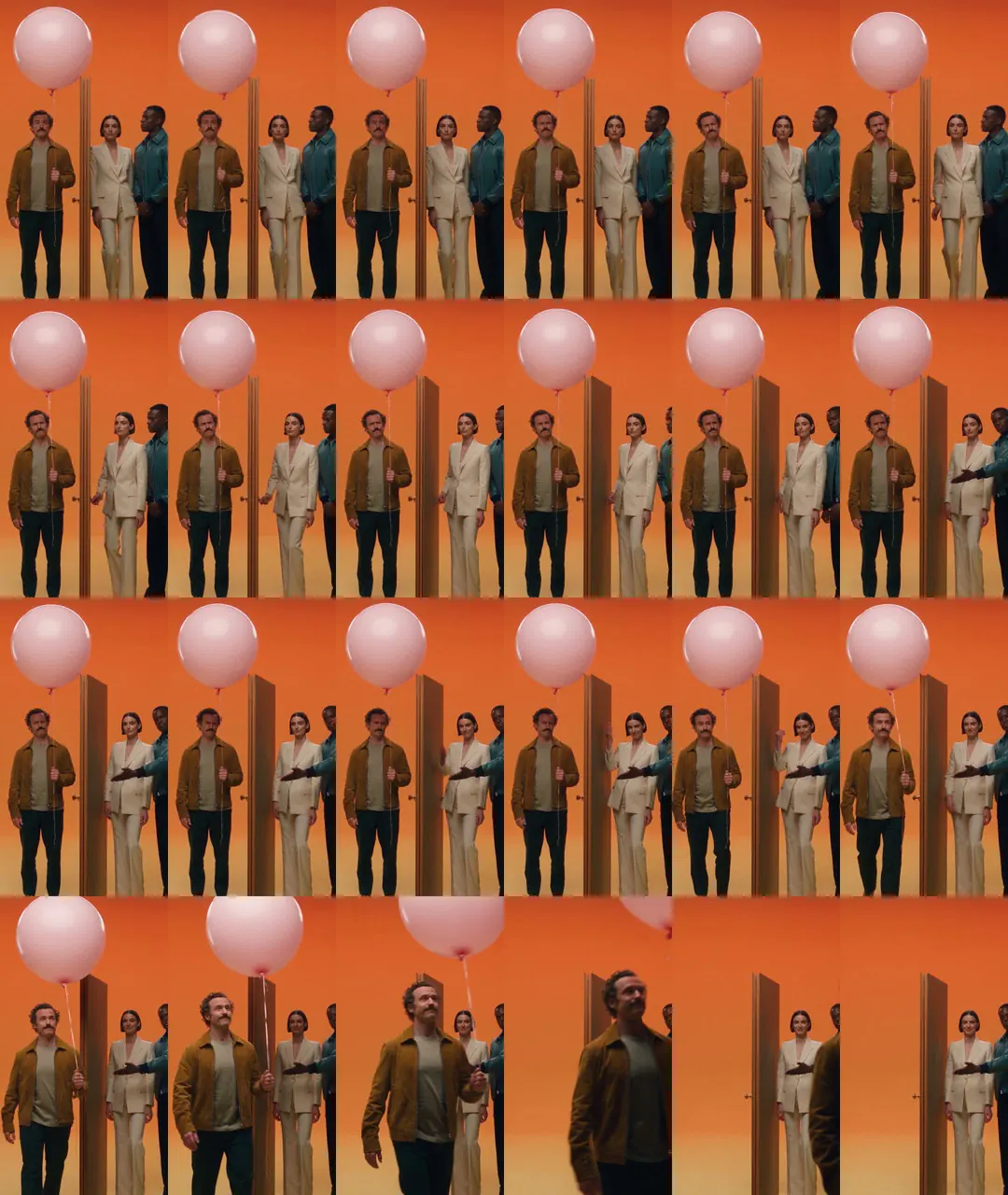 Frames sampled from balloon take one, AI-generated. The door was a prop, not a doorway.