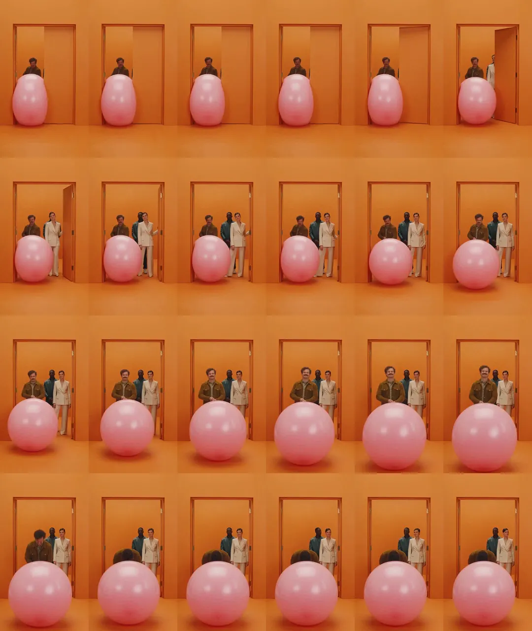 Frames sampled from balloon take three, AI-generated. Jammed, then through. The joke finally lands.