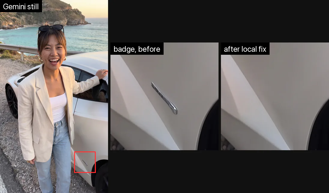A chrome script badge the image model added to the car, painted out locally before any clip was paid for. AI-generated image.