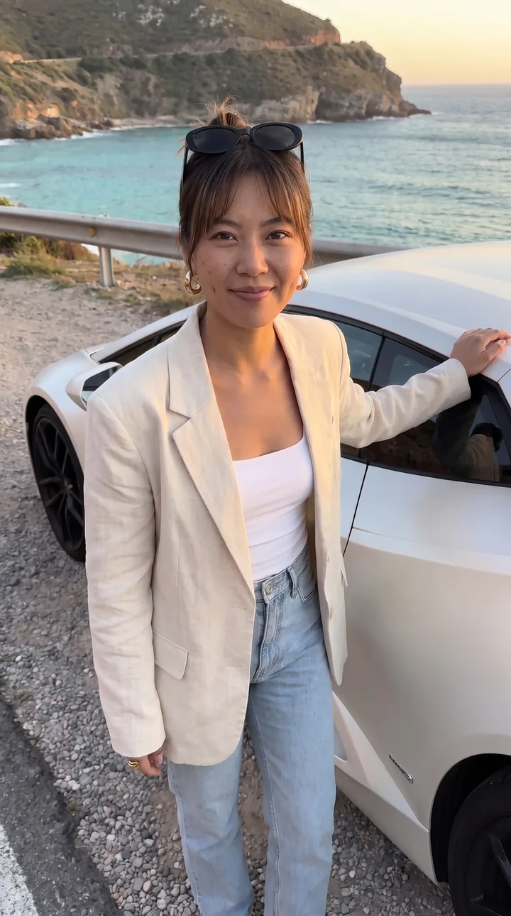 The regenerated supercar hook still before its local crop. The crop lifted her eyes clear of the hook band and cut the badge out of frame. AI-generated image.