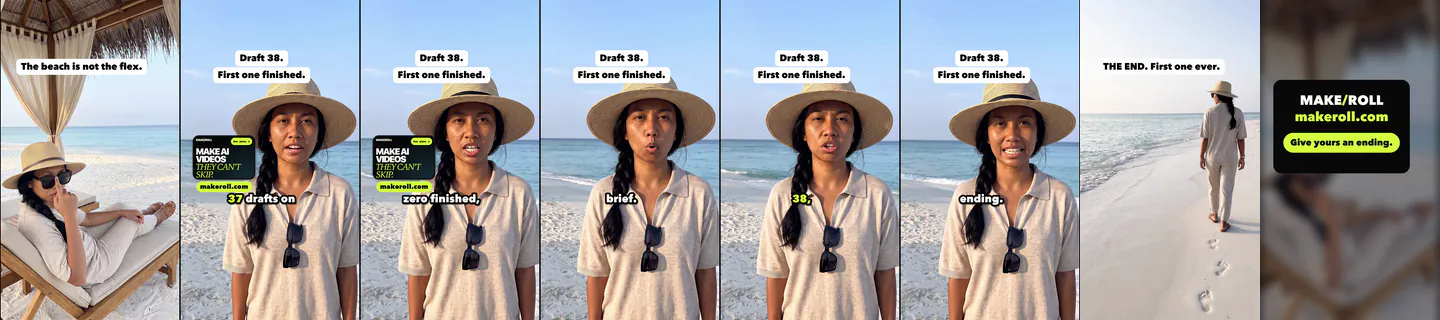 Eight evenly spaced frames from Draft Thirty-Eight hook A, ending on the MakeRoll end card. AI-generated.