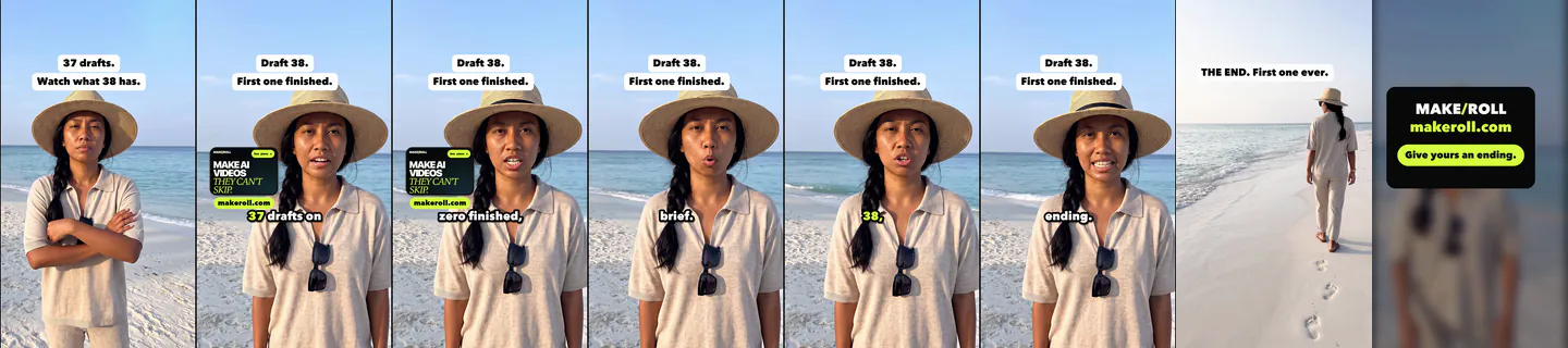 Eight evenly spaced frames from Draft Thirty-Eight hook B, ending on the MakeRoll end card. AI-generated.