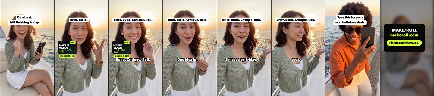 Eight evenly spaced frames from Brief, Build, Critique, Roll hook A, ending on the MakeRoll end card. AI-generated.