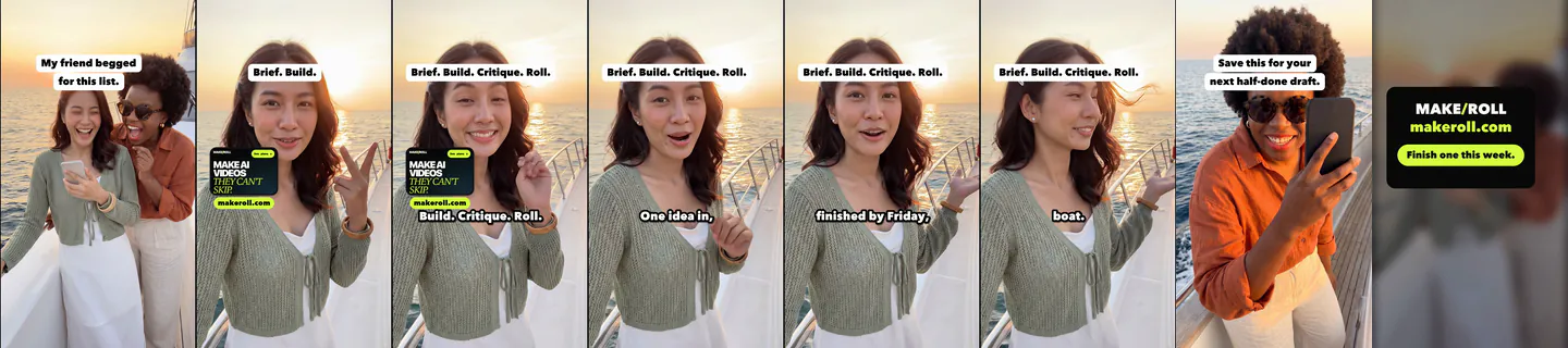 Eight evenly spaced frames from Brief, Build, Critique, Roll hook B, ending on the MakeRoll end card. AI-generated.