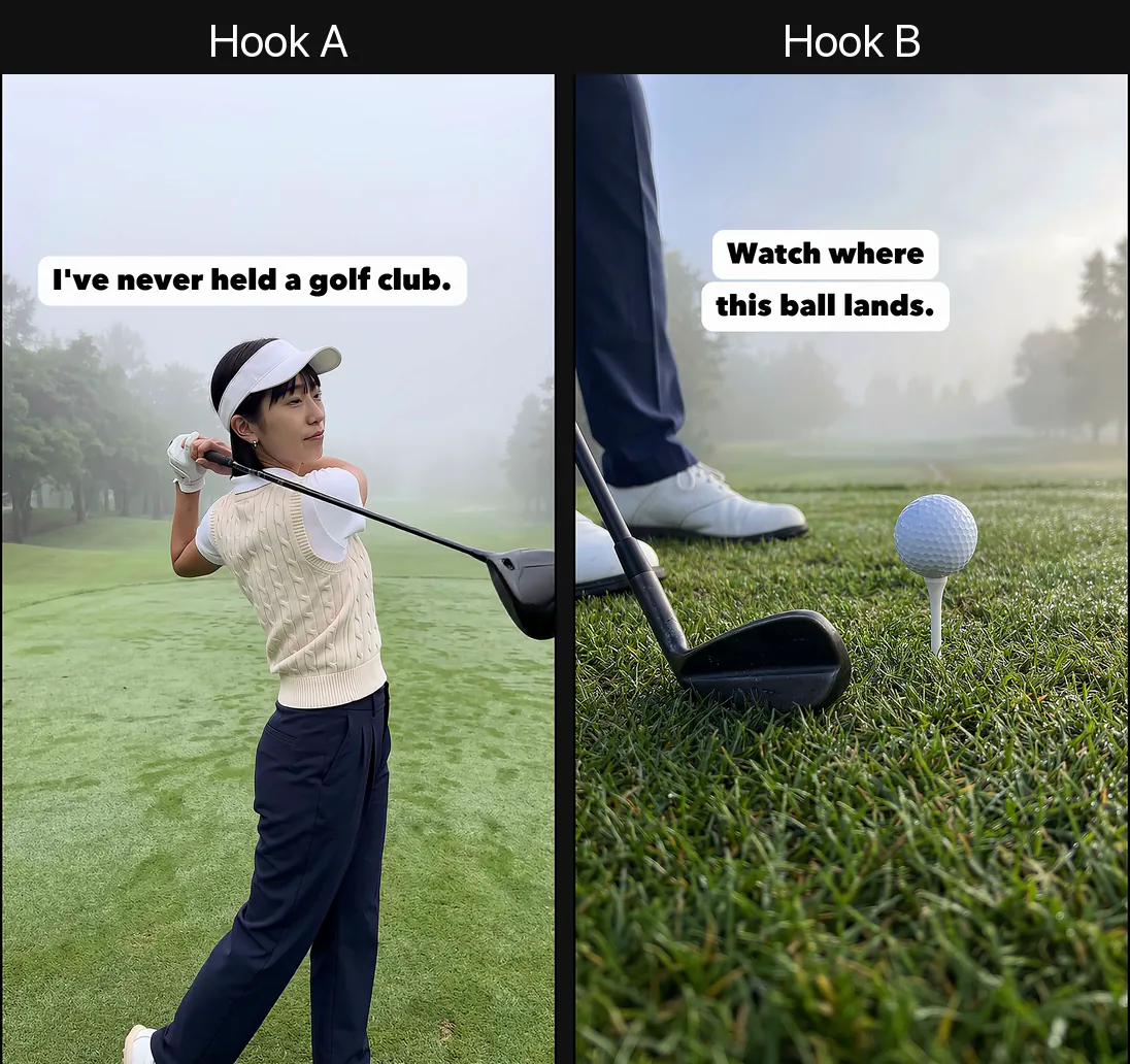Frame 0 of hook A and hook B of Take Eleven, side by side. AI-generated.