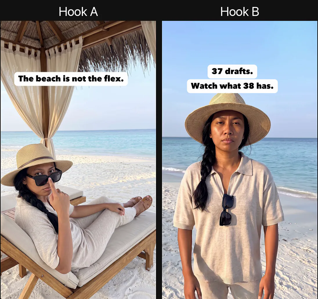Frame 0 of hook A and hook B of Draft Thirty-Eight, side by side. AI-generated.