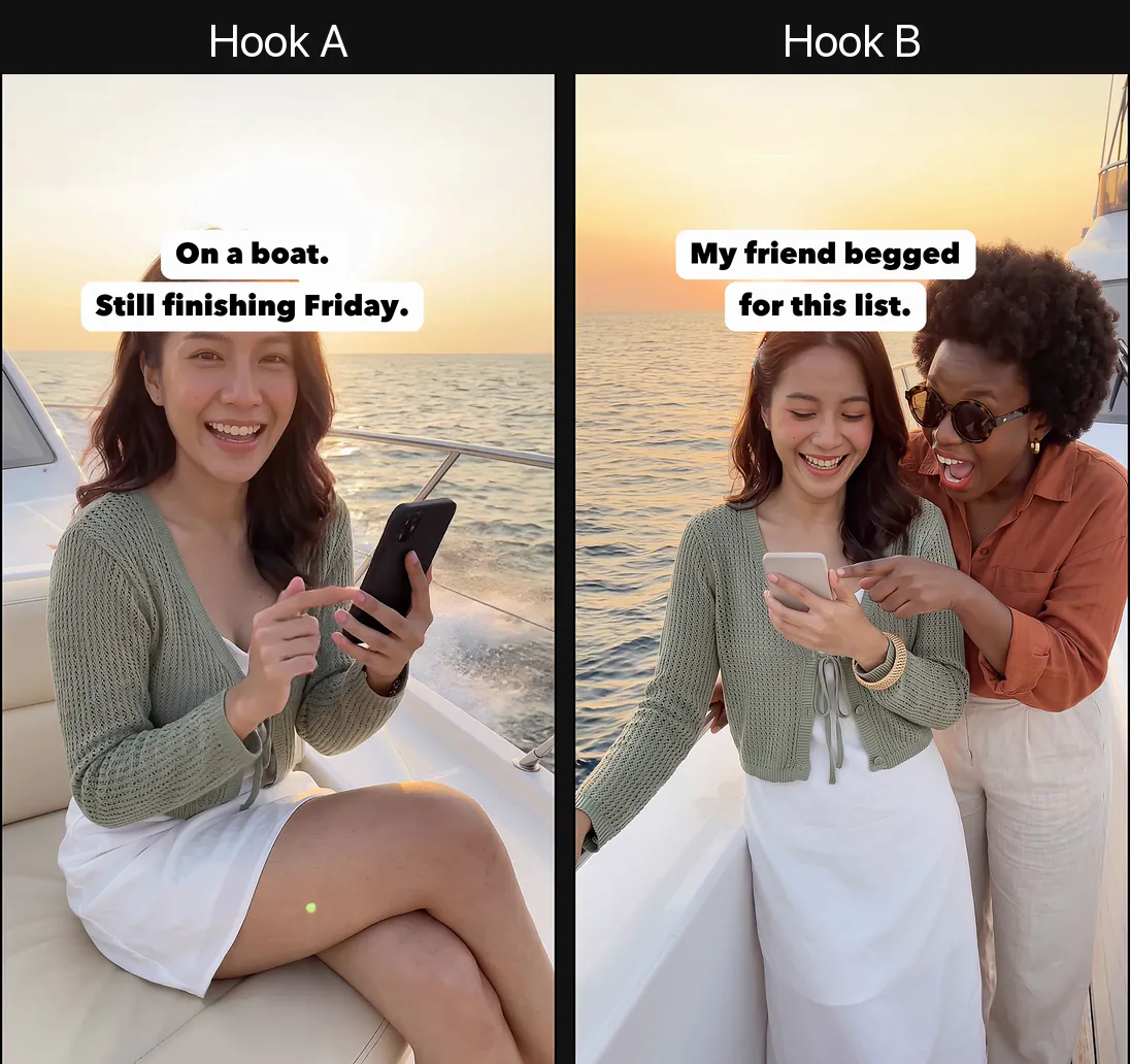 Frame 0 of hook A and hook B of Brief, Build, Critique, Roll, side by side. AI-generated.