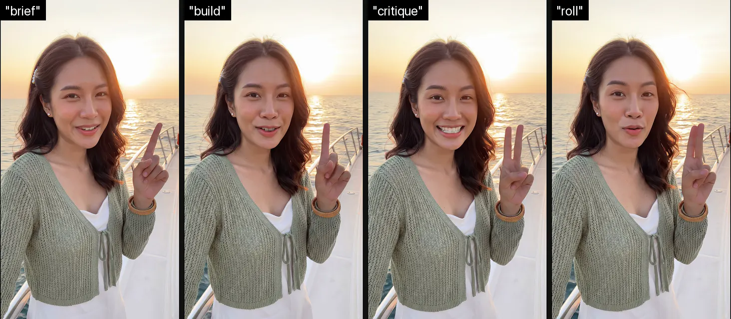 Frames from a replaced AI-generated clip, Brief, Build, Critique, Roll, body take 1