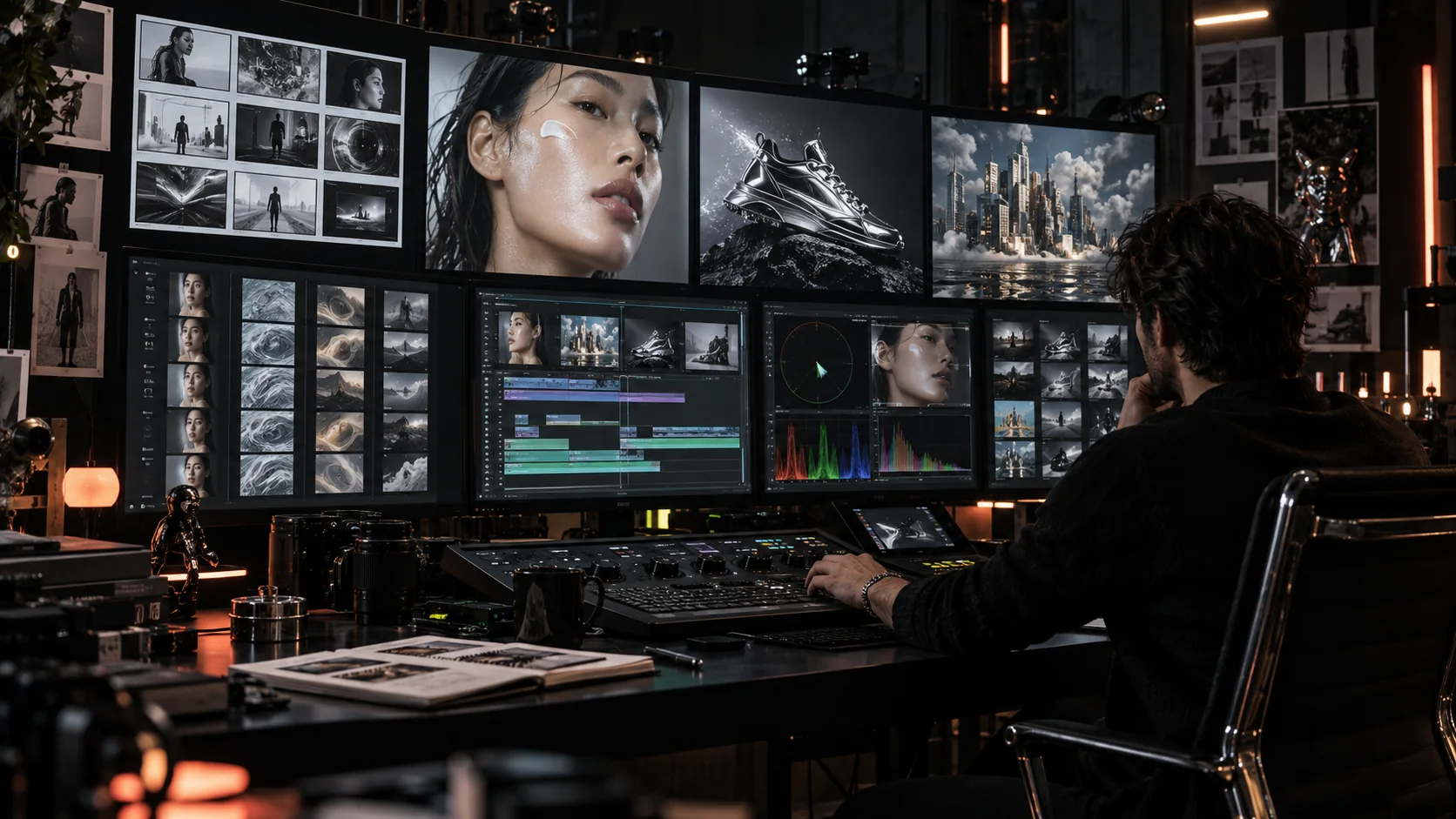 A solo creative technologist directing an AI video production pipeline across a wall of campaign frames