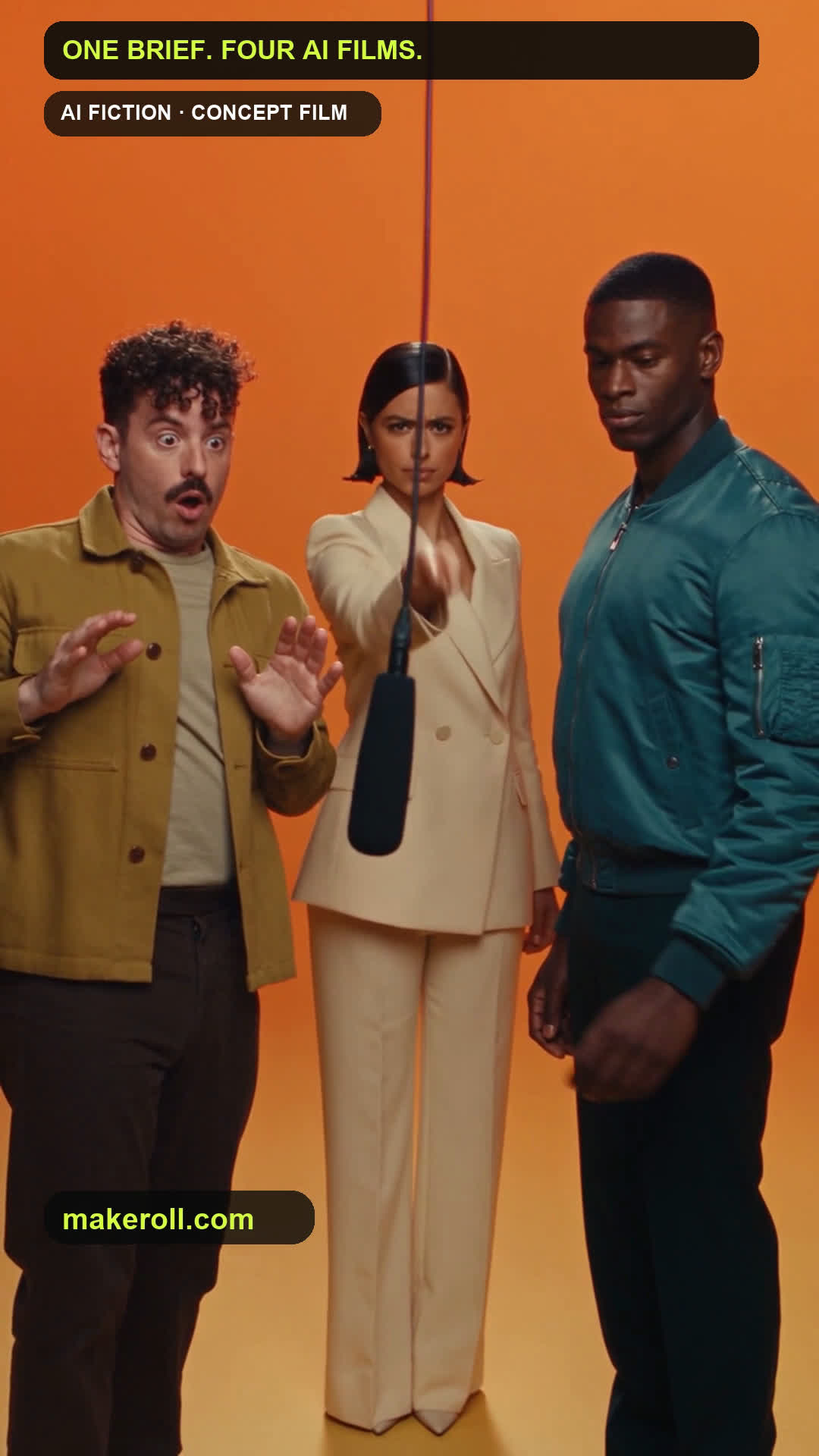 Elliot, Mara and Kai, AI-generated characters, under the hanging microphone in the orange studio. Frame from the social cut.