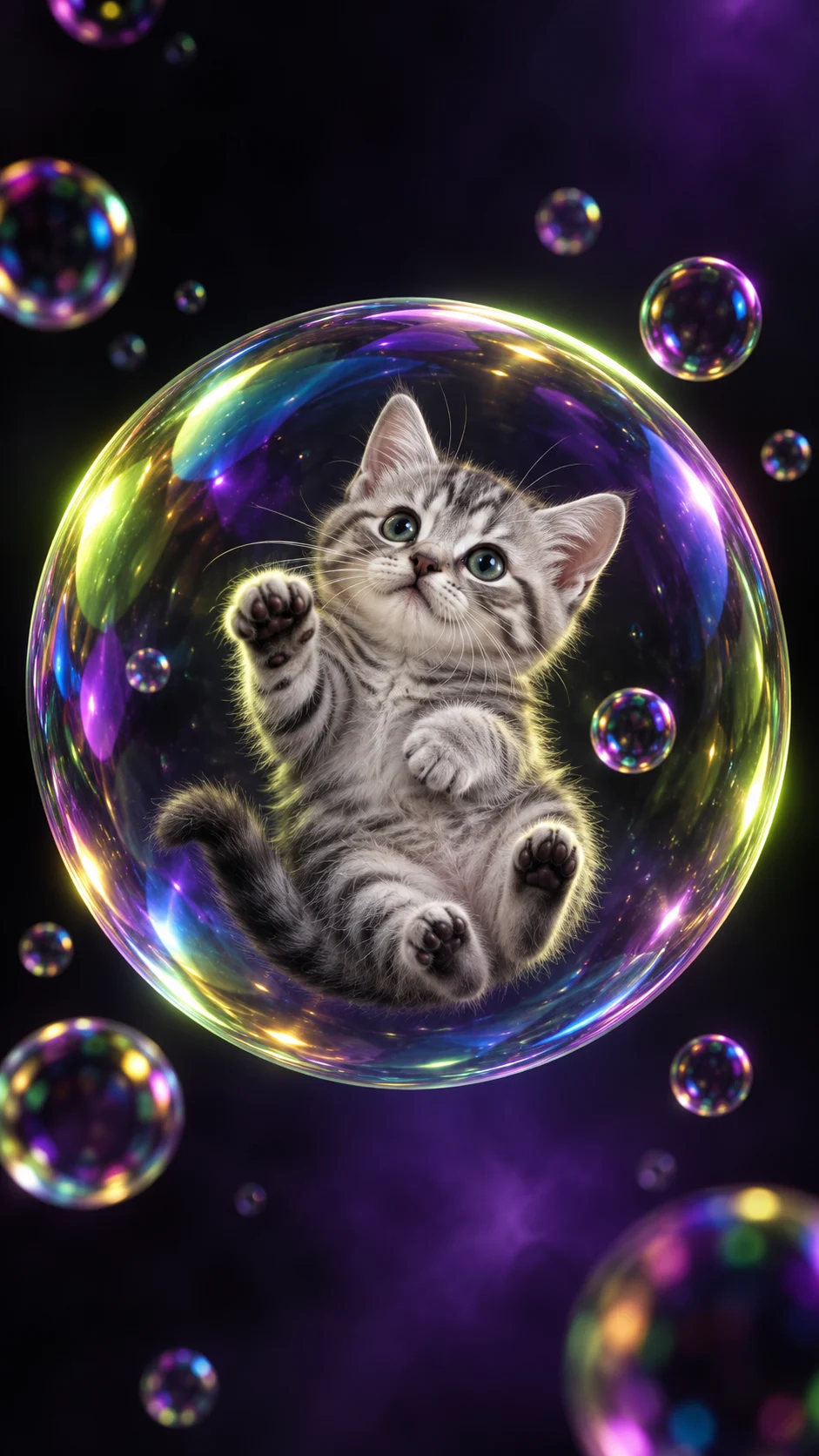 MakeRoll original AI study: a silver tabby inside an iridescent bubble. Not a frame from the referenced reel.