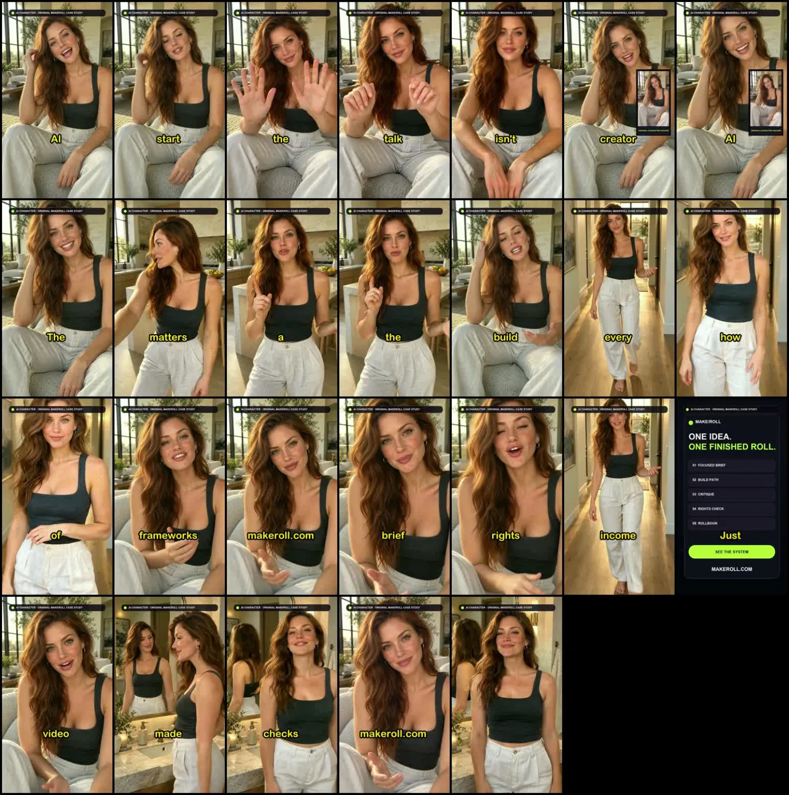 Twenty-seven frames from the finished Lena Hart AI video showing consistent identity, hands, locations, captions, disclosure, and final call to action