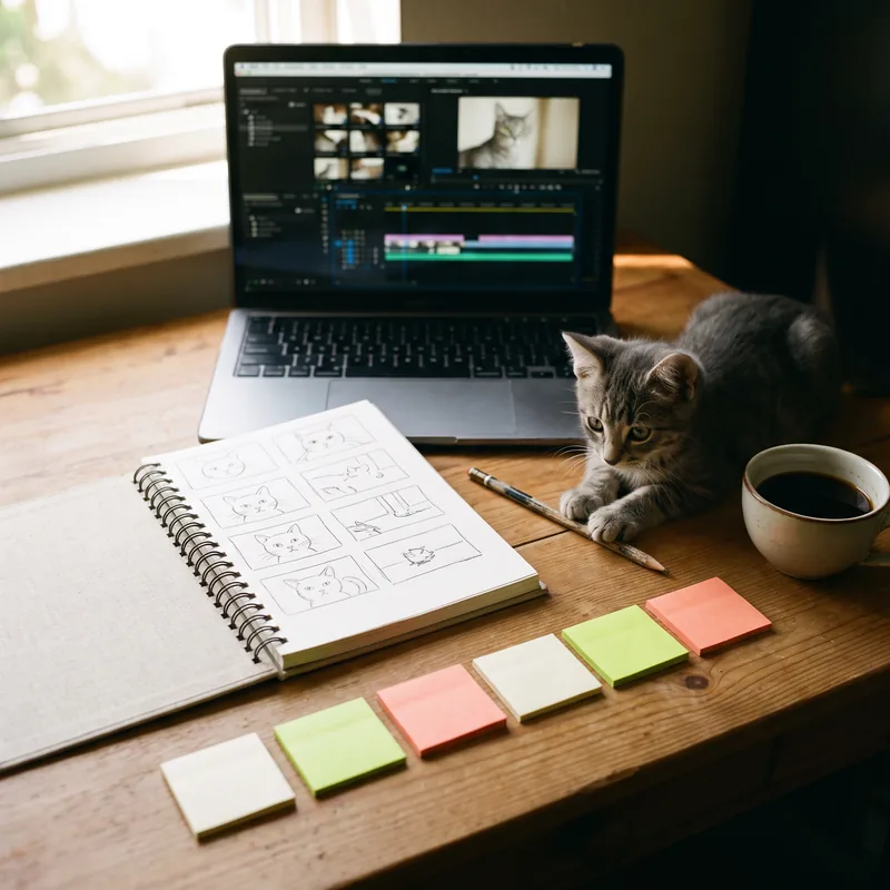 AI-generated photo. A grey kitten paws a pencil beside a storyboard notebook, a laptop editing timeline and seven blank sticky notes.