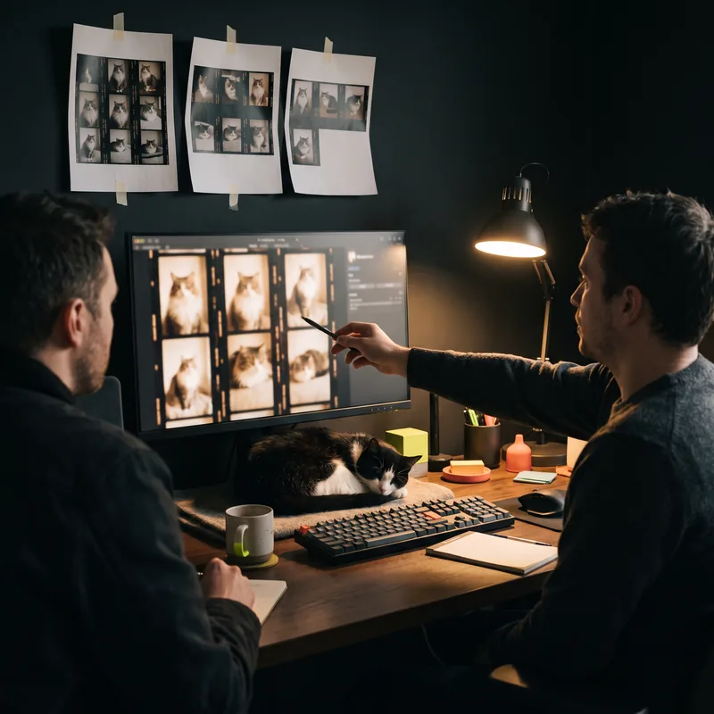 AI-generated photo. Two creators review a grid of cat video frames on a monitor while a tuxedo cat sleeps on the desk.