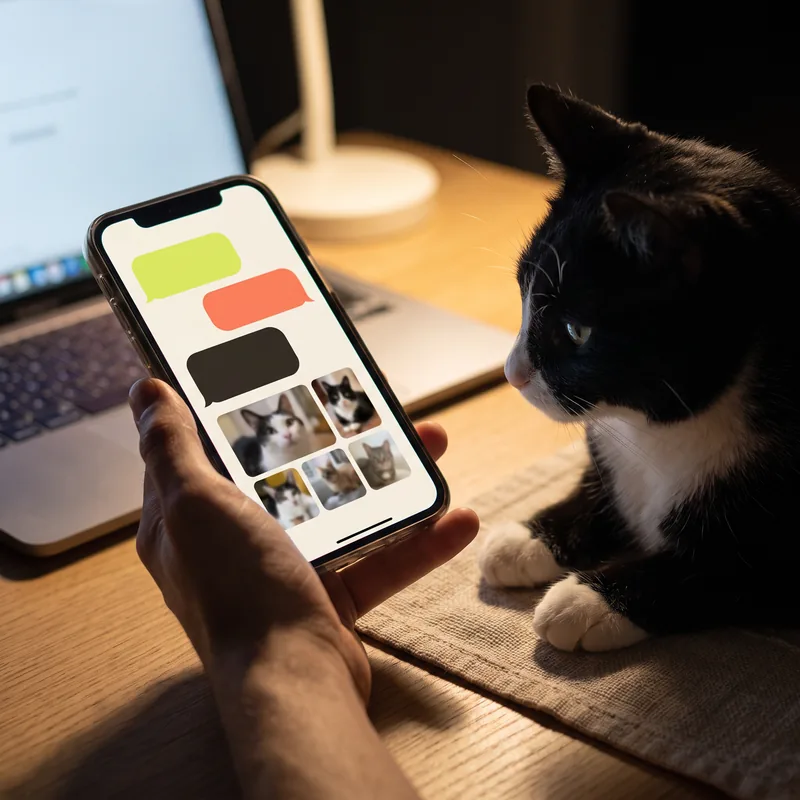 AI-generated photo. A hand holds a phone showing a group chat with cat video thumbnails while a tuxedo cat watches the screen.