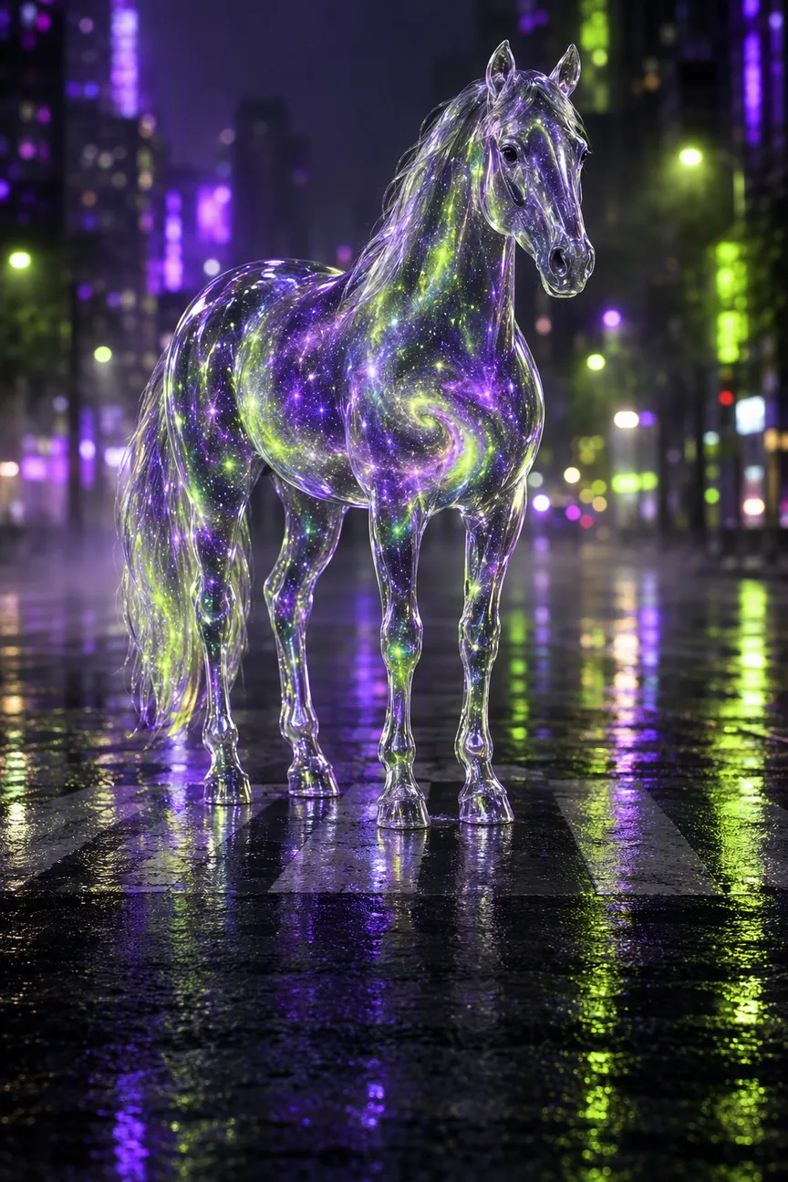 MakeRoll original AI study: a glass horse filled with a violet galaxy on a rainy city crosswalk. Not a frame from the referenced reel.