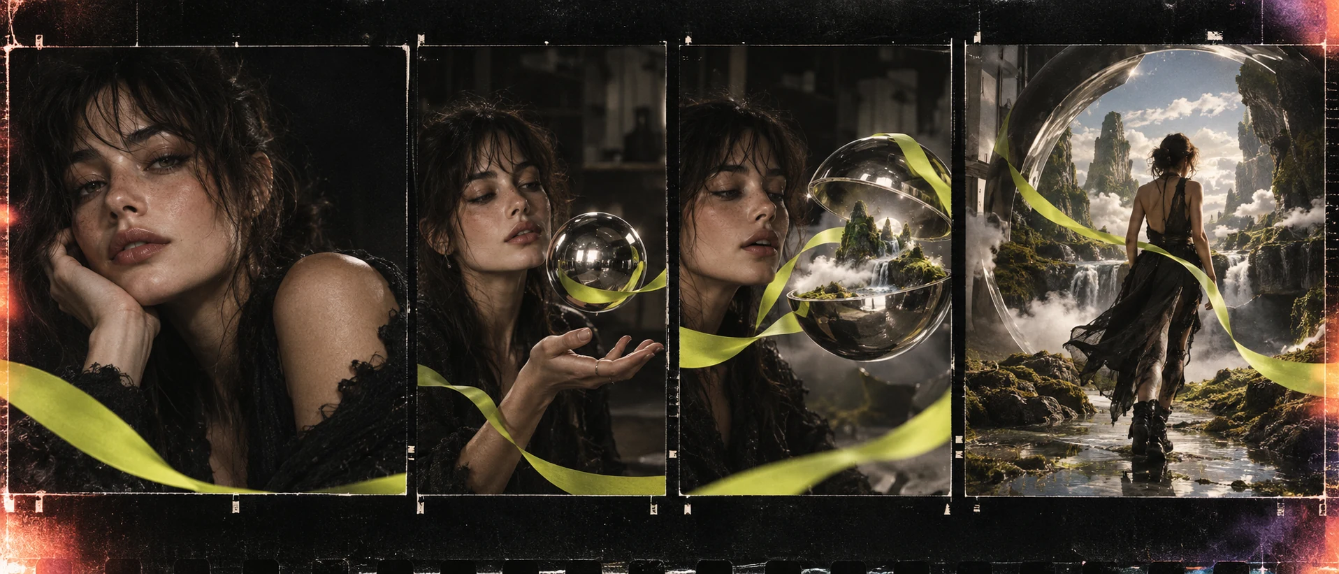 Four-frame original AI concept board showing the same fictional woman as a chrome sphere opens into a miniature surreal landscape