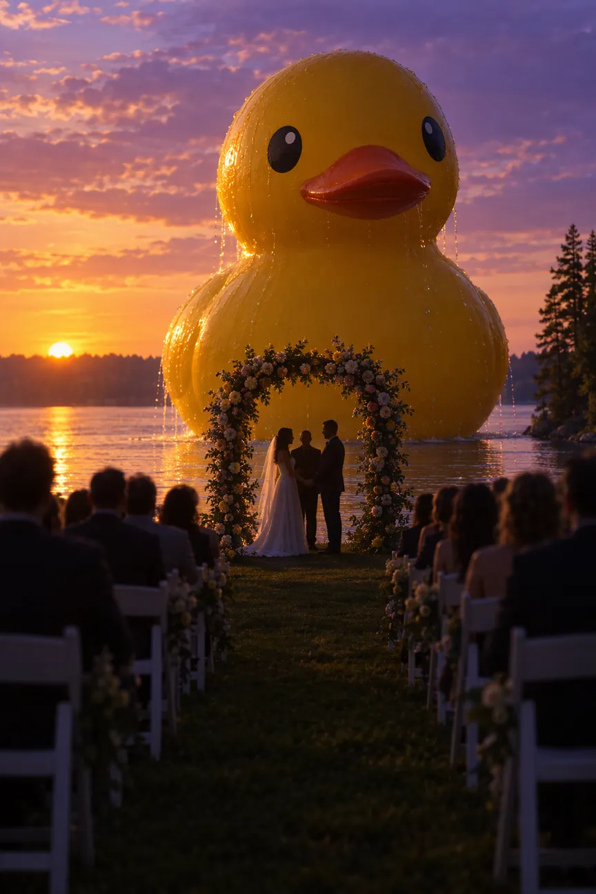 MakeRoll original AI study: a giant rubber duck rising behind a lakeside wedding arch at sunset. Not a frame from the referenced reel.