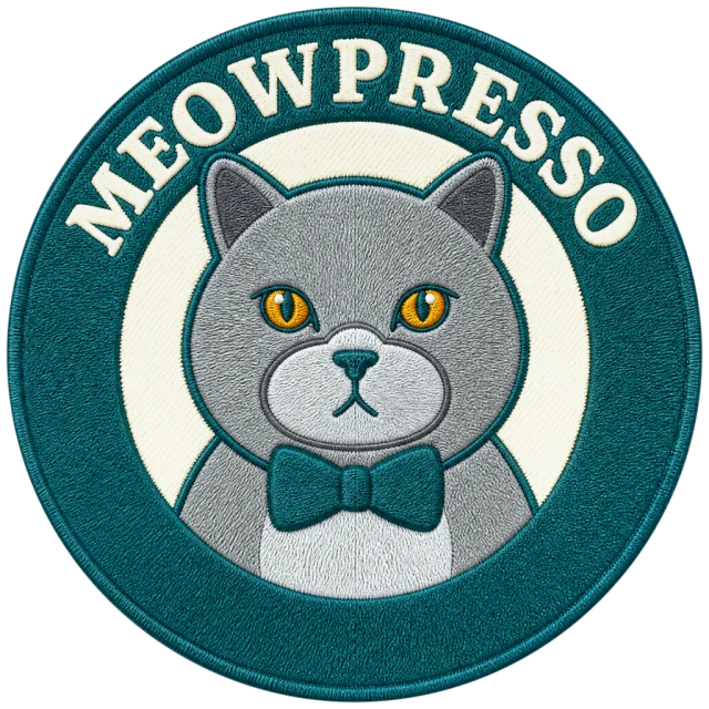 The MEOWPRESSO badge as an embroidered patch with satin stitching and a merrowed edge.