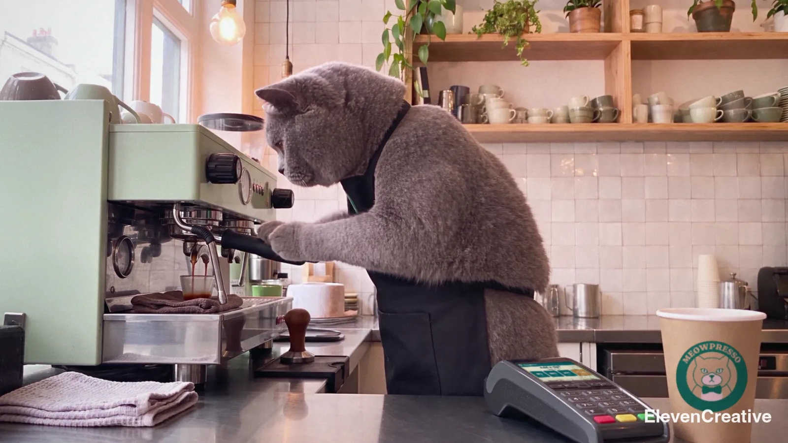 The cat pulls an espresso shot at a mint espresso machine. A kraft cup with the MEOWPRESSO badge stands on the counter.