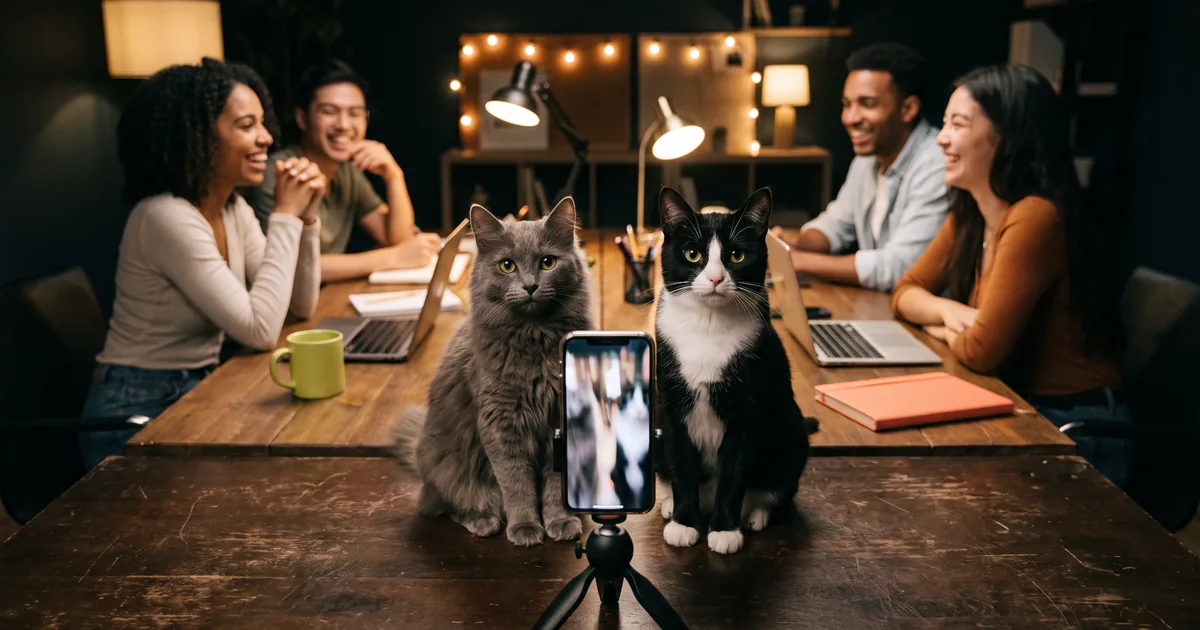 A grey cat and a tuxedo cat sit side by side in front of a phone on a small tripod while creators laugh at a table behind them.